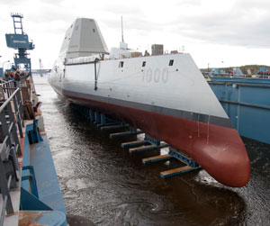 The ship began its translation from Bath Iron Works' land-level construction facility to a floating dry dock on Friday. Once loaded into the dry dock, the dock was flooded and the ship was removed from its specially designed cradle. By late Monday, the dock had been flooded and the ship was floated off and tied to a pier on the Kennebec River. Photo: General Dynamics