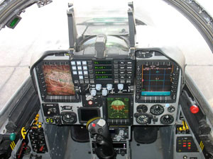 Inside the new cockpit of the Kfir C10/12 and Block 60 utilizes multiple large color displays, HUD and helmet mounted sight. Photo: IAI