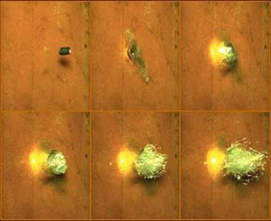 A sequence of six photos showing the impact of a projectile on the strike face of an armor module enhanced with multi-ply layers. The new concept can increase ballistic performance by up to 50%, by adding alternating layers of elastomers and hard materials. Photo: NRL
