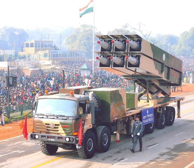 Prahar launch vehicle carrying six missiles shown on the independence day march in New Delhi. 