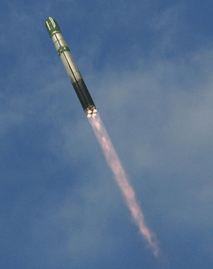 Liquid Propelled (LP) SS-18 Satan Intercontinental Ballistic Missile (ICBM) launched on a test flight. The clean burn of the LP is distinctive, compared to the smoke trail generated by solid propellant. LP is more efficient and thus offers higher payload to weight ratio. Nevertheless, such missiles require lengthy pre-flight preparations and are often limited to silo-based static sites. 