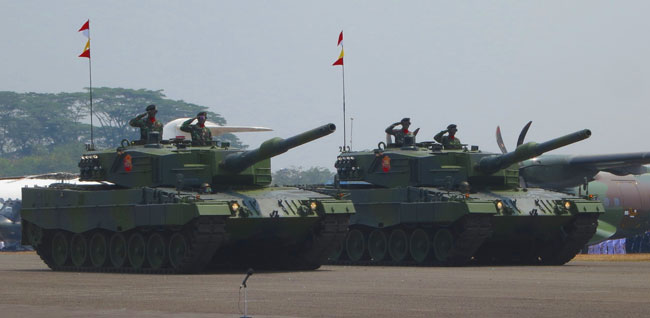 Two of the Leopard II Mk4 tanks Jakarta has acquired in Germany for . Photo: Rheinmetall Group