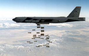 A B-52 dropps a load of unguided conventional weapons. With the current upgrades, the aircraft would be able to carry 20-24 precision weapons, individually guided to specific targets. Photo: USAF