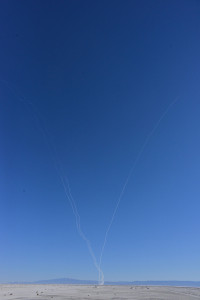 Three smoke trails go into the sky above White Sands Missile Range during a test of the MEADS missile system. Photo: White Sands Missile Range PA 