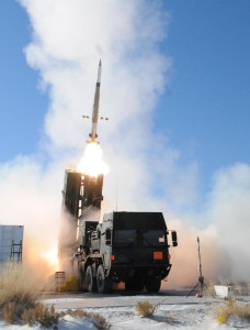 MEADS firing two Patriot MSE missiles in a 'shoot-shoot' protocol, engaging a balistic missile target on a flight test at White Sands yesterday. Photo: MEADS International. 
