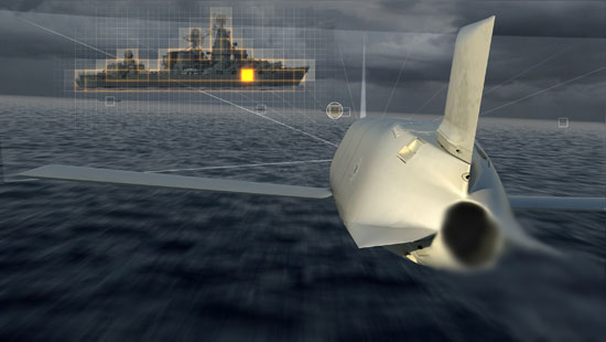 An artist impression depicting an LRASM missile on terminal attack, its seeker is verifying the target's silhouette and most vulnerable aimpoint for the final strike. Photo: Lockheed Marti