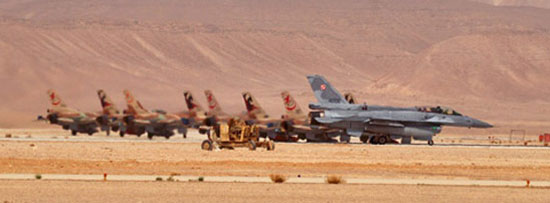 Polish and Israeli F-16s lined up at the southern IAF base Ovda for a training exercise in 2012. The Polish fighter jets are expected to be back at this year's inaugural 'Blue Flag' event taking place at Ovda later this month. Photo: xairforces.net