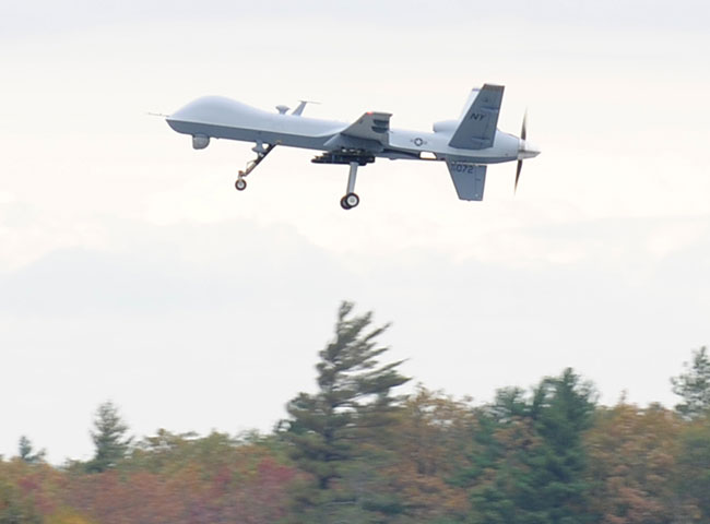 An MQ-9 Reaper armed with Hellfire missiles coming to land at the Syracus airfield in up state New York. Photo: ANG