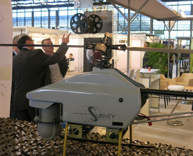 The French company Surveycopter displayed several unmanned systems at Milipol, one of them is this compact helicopter carrying a lightweight EO payload developed by the company 