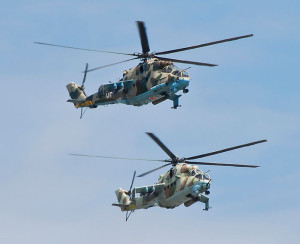 Georgian Air Force Mi-24P (Hind F) flying over the capital Tiblisi.  