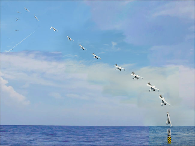 A launch sequence demonstrating the initial flight path and transition of the drone, from vertical to horizontal flight. Photo: NRL