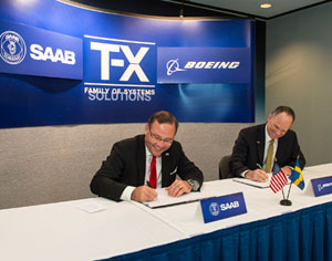  Boeing [NYSE: BA] and Saab AB [Stockholm: SAABB] have signed a Joint Development Agreement (JDA) to jointly develop and build a new advanced, cost-efficient T-X Family of Systems training solution for the upcoming competition to replace the U.S. Air Force’s aging T-38 aircrew training system. Saab President and CEO Håkan Buskhe, left, and Boeing Military Aircraft President Chris Chadwick sign the Joint Development Agreement document. Photo: Boeing