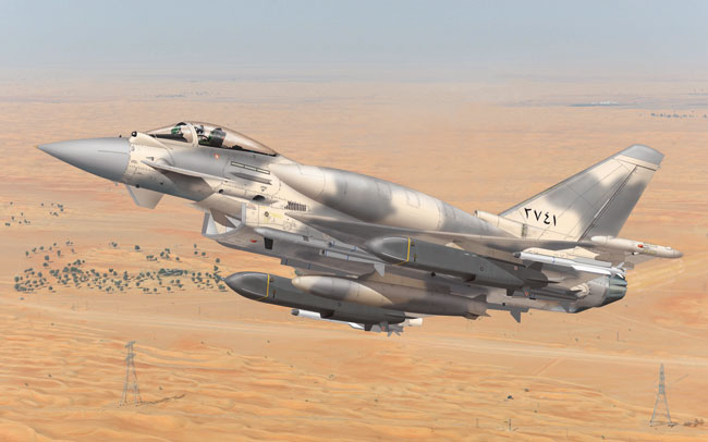 A heavily modified and enhanced Typhoon (PE2) such as this variant, offered to the UAE, carries conformal fuel tanks, Storm Shadow cruise missiles and Meteor BVR-AAM. A similar variant has also been proposed to Indian Navy and to South Korea. 