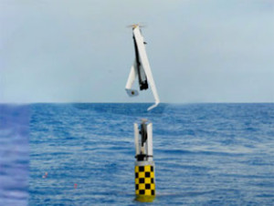 The fuel-cell powered XFC drone is launched vertically into the air, after being fired from the torpedo launch tube of the submerged USS 971 Providence. Photo: NRL