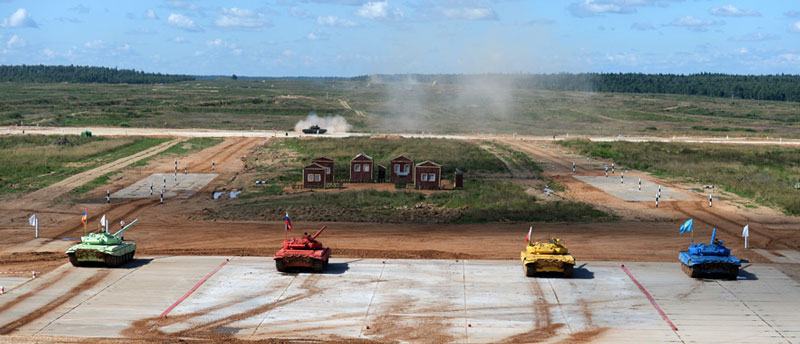 Tank crews from Armenia, Belarus, Russia and Kazakhstan participate in the first Tank Biathlon in Alabino proving grounds in 2013. Photo: RT.