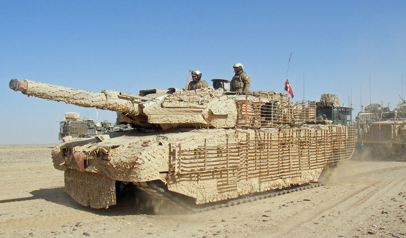 Danish Leopard II tank supporting the British  troops from Task Force Helmand's Manoeuvre Battlgroup, providing a protective screen for US personnel leaving bases in north Helmand province, Afghanistan. UK MOD photo, Crown Copyright