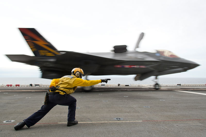 An F-35B test aircraft is cleared for short takeoff from the deck of the USS Wasp on Aug. 19, 2013 Photo: Lockheed Martin