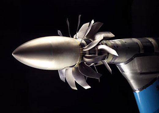 The open rotor engine scaled down demonstrator on a wind tunnel test bench. Photo: Antoine Gonin, Snecma
