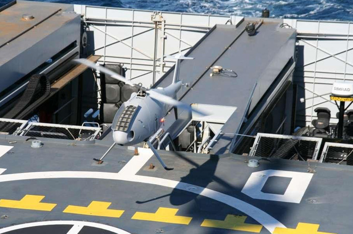 S100 landing on the flight deck of the French OPV L'Adroite. The small unmanned rotorcraft performed over 200 landings on the vessel during the first sea trials phase conducted in the summer of 2013. Photo: French Navy.