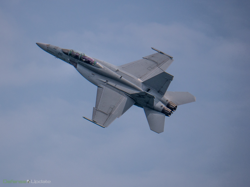 Royal Australian Air Force F/A-18F Rhino displaying high manoeuvrability at a solo display at the Singapore Airshow.