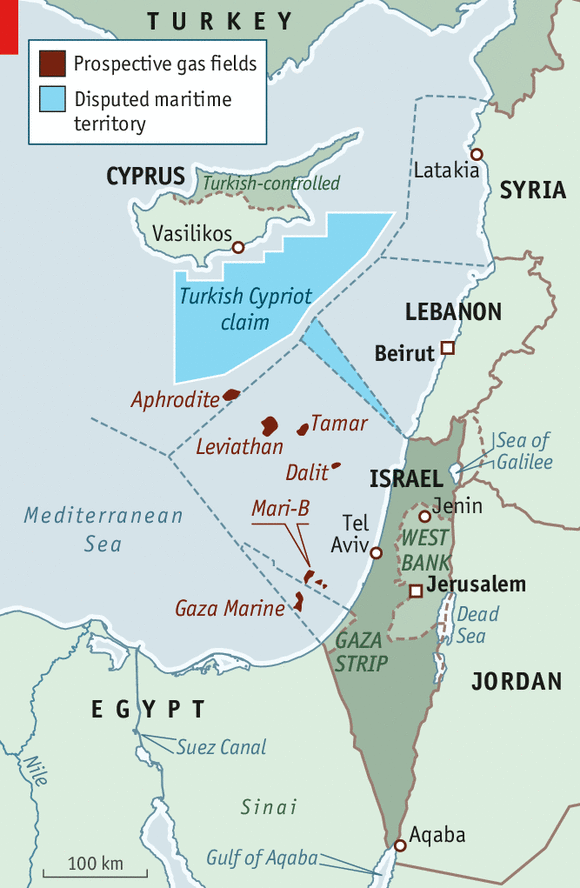 Israeli, Cypriot, Turkish and Palestinian offshore exploration areas and oil/gas discoveries in the Eastern Mediterranean.