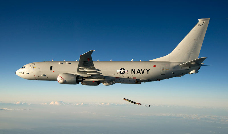 A P-8A Poseidon assigned to the Bureau of Air Test and Evaluation Squadron (VX) 20 replicates the characteristics of an MK-54 torpedo. (Photo: U.S. Navy photo by Greg L. Davis)