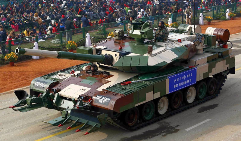 Arjun Mk II tank is the latest version of India's indigenous Main Battle Tank. It is seen here on the military display in 2013.