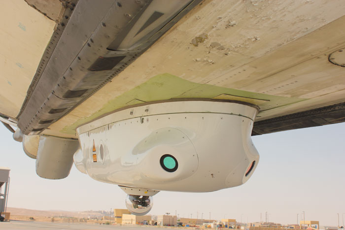 The 'Skyshield' system comprises an installation kit installed on each aircraft destined to carry the system, and the complete DIRCM assembly contained in a 'gondola' shaped pod attached to the aircraft belly. The container has four IR sensors detecting the threat, imaging sensors for tracking and the laser emitter engaging the missiles. It is seen here installed on an Israel Air Force Boeing 707 tanker. Photo: IMOD