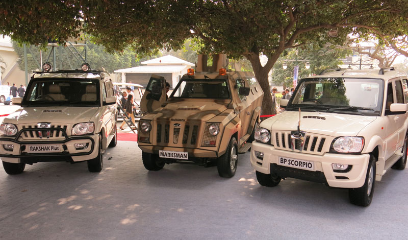 A group photo of Mahindra's armored vehicles - from left to right: Rakshak Plus, Marksman and BP Scorpio.