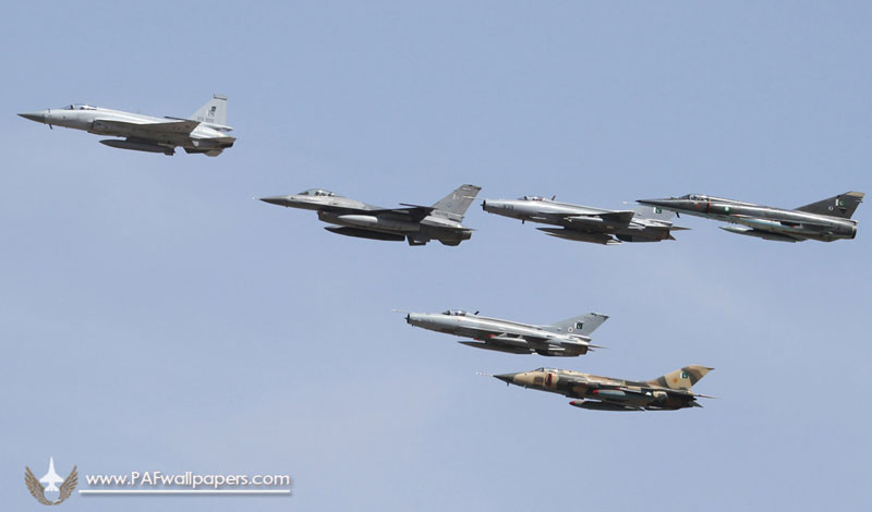 Pakistan Air Force from left to right: JF-17, F-16, J-7, Mirage III/V and A-5C. Photo: PAFwallpapers.com