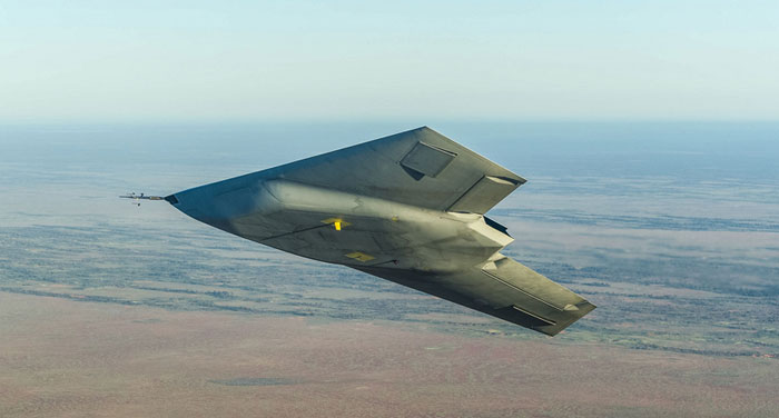 The serrated contour of the weapon's bay is clearly seen in this photo, where the stealthy Taranis shows its belly and underwing area on a banking turn. Photo: BAE Systems, UK MOD.