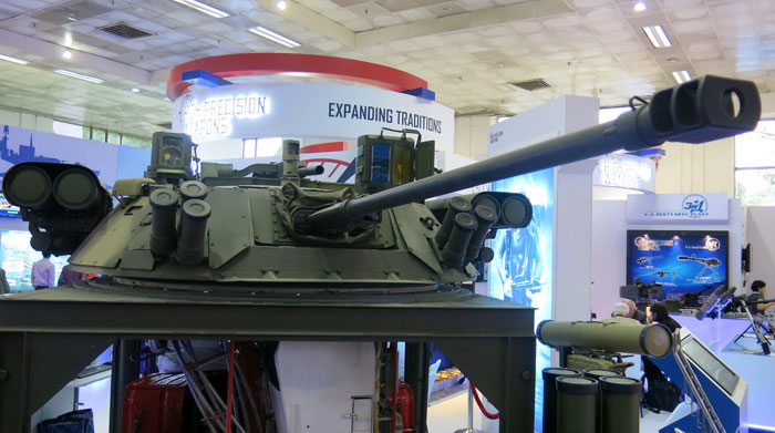A full scale model of the Berezhok turret developed by KBP Tula for the BMP II upgrade is displayed at Defexpo. Although the system is based on the existing turret, KBP claims it surpasses the existing capability nearly four times, adding full day/night capability, integration of Kornet guided missiles and improved fire controls. 