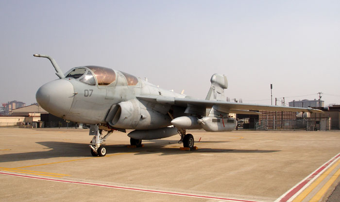 An EA-6B Prowler aircraft sits ready to conduct training missions at Osan Air Base, Republic of Korea. Marine Tactical Electronic Warfare Squadron 4 is supporting these deployments out its base at Marine Corps Air Station Iwakuni, Japan. Photo: USMC by Sgt. Charles McKelvey