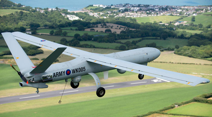 The British Army's Watchkeeper unmanned aerial system in flight over the UK during testing. Picture: Thales UK by Richard Seymour.