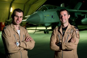 2(AC) Sqn Tornado GR4 crew, L-R:Pilot Flight Lieutenant Geoff Williams and Navigator, Flight Lieutenant Mark Hodgkiss, at Kandahar Airfield, Afghanistan. Photo: Crown Copyright