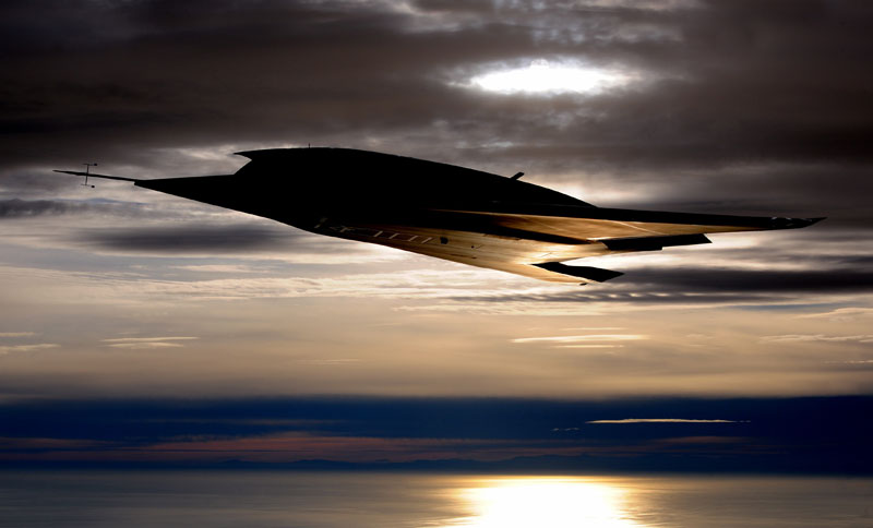 nEUROn, the European Unmanned Combat Aerial Vehicle (UCAV) in flight at dusk over the Mediterranean. Photo: Dassault Aviation by Anthony Pecchi.