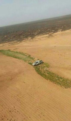 An abandoned pickup truck hit by Jordanian fighter jets after an infiltration attempt into Jordan. Jordanian MOD photo via AP
