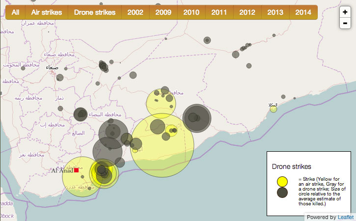 The locations of air strikes (yellow) and drone strikes (grey) in Yemen. Radius indicates the number of killed. The red mark is the position of the Yemeni Air Force Base at Al Anad, allegedly providing the forward operation base for those operations. It is also believed that since the introduction of MQ-9 Reaper drones, at least part of the activity has moved to the more desolate Um El-Melh border guard new airbase base built near the Saudi-Arabian-Yemeni border, about 900 km north-east of Al Anad.. 