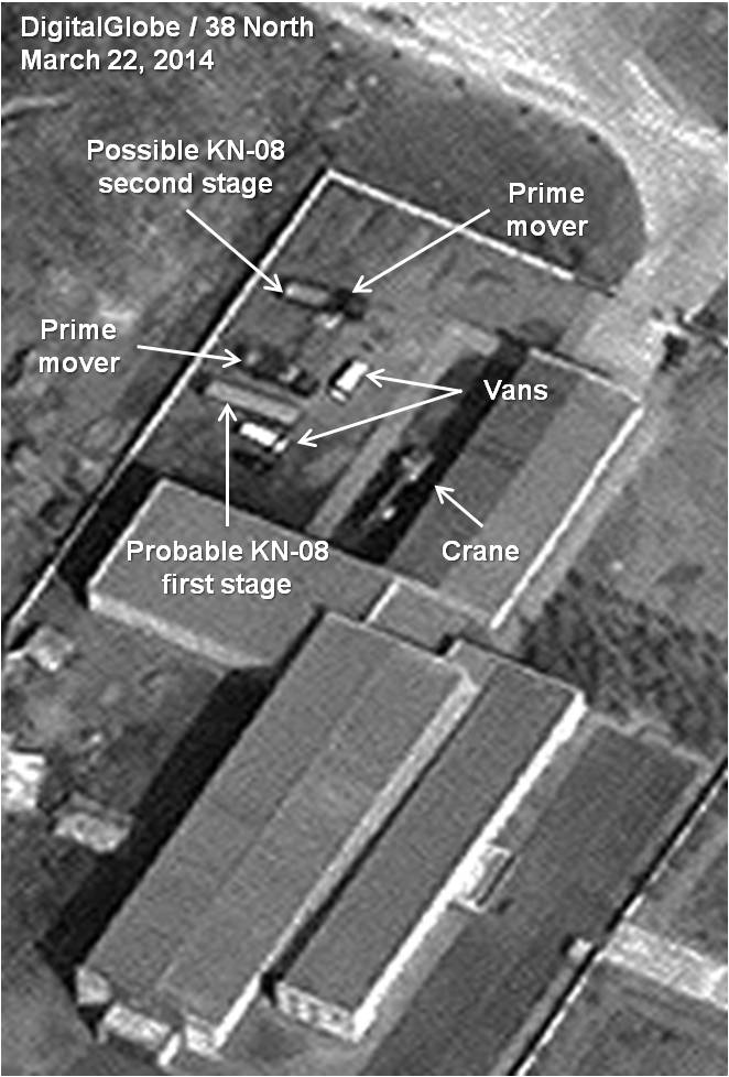 Probable KN-08 stages and vehicles prior to movement to the test stand. Photo: Digital Globe via 38North.