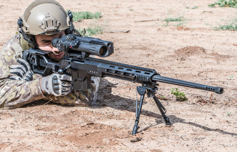 The DAN .338 fitted with Meprolight's MESLAS Sniper’s Fire-Controlled Riflescope, a 10 x 40 optical sight with an  Integrated Laser Rangefinder. Photo: IWI