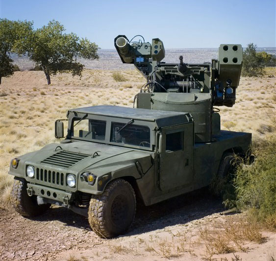 Boeing has already tested a version of its Avenger mobile ground based air defense system, fitted with a reconfigured Avenger turret, comprising a medium-power laser weapon, automatic cannon and Stinger missiles. Photo: Boeing