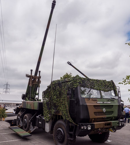 Nexter's CAESAR self propelled gun displayed at the company's exhibit at Eurosatory 2014 last week in Paris. The 155mm 52 CAL  howitzer mounted on an Indian Ashok Leyland truck is proposed to the Indian Army Mobile Gun System (MGS) program by an industry team headed by Larsen & Turbo 