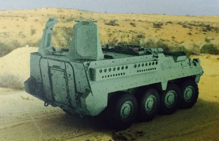 Another configuration of the Green Rock employing two separated radar modules can be installed on armored vehicles such as the Stryker. A different layout integrating the two panels in a single structure  can be mounted on the flatbed of tactical vehicles such as the HMMWV. Photo: IAI  