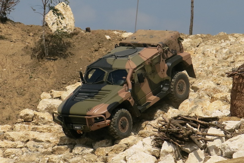 The Thales Group displayed the Hawkei Light Protected Mobility Vehicle weighing 10 tons. Hawkei delivers unparalleled levels of blast and ballistic protection, for a helicopter transportable vehicle. Photo: Noam Eshel