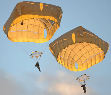 The cruciform shape of the T-11 parachute helps to vertically stablilize the parachute soon after deployment, eliminating the oscillation experienced with T-10. Researchers considered these oscillations likely to increase injury risk by increasing the impact energy on ground contact. Photo: US Army