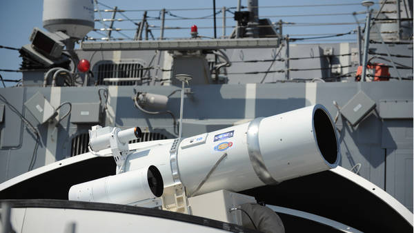 The Laser Weapon System (LaWS) tested on aboard the guided-missile destroyer USS Dewey (DDG 105) in 2010 was based on commercial fiber solid state lasers, utilizing combination methods developed at the Naval Research Laboratory. LaWS can be directed onto targets from the radar track obtained from the MK 15 Phalanx Close-In Weapon system or other targeting source. The system will be deployed for the first time this summer, on USS Ponce, on an operational mission to the persian Gulf. US Navy photo.