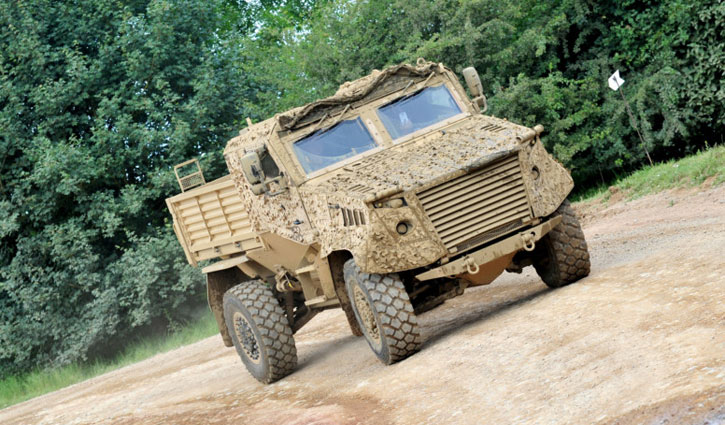 Ocelot utility vehicle shares a common chassis and many subsystems with the Foxhound. Its cabin accommodates three persons and the flatbed can load 2.5 tons. Photo: Bedfordshire News