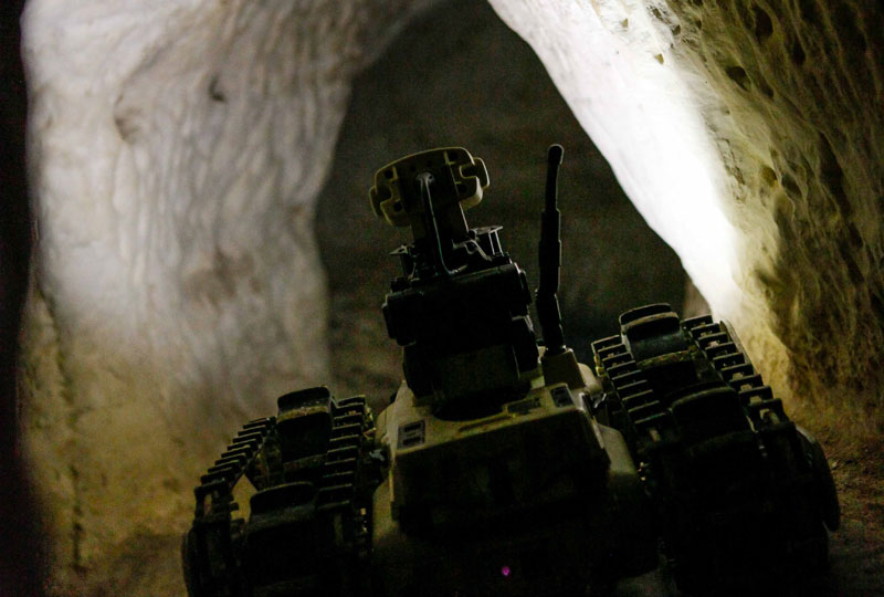 MTGR seen on a tunnel reconnaissance mission.The robot uses on-board illumination to illuminate the scene. It can also use a thermal camera for more covert surveillance. Photo: Roboteam 
