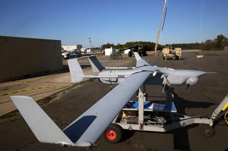 An RQ-21A Blackjack belonging to Marine Unmanned Aerial Vehicle Squadron 2 sits on the flight line of Marine Corps Outlying Field Atlantic, March 21, 2014. The Blackjack is eight feet long with a wing span of 16 feet and can hold payloads up to 25 pounds. U.S. Marine Corps photo by Lance Cpl. Joshua R. Heins