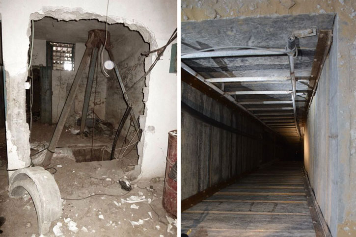 Hidden from aerial surveillance tunnel entries are often placed in basements, in residential homes and other covered structures. Some of the main entry shafts are strengthened with concrete and have ladders and power lines assisting access to the tunnel laying 20-30 meters (66-99 foot)  below surface. Photos: IDF